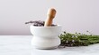 A white background is the background for the mortar and pestle.