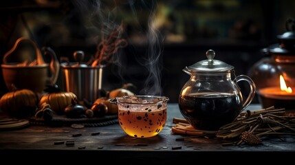 A witch's kitchen decorated for Halloween features a cauldron filled with poisoned soup and copy space.