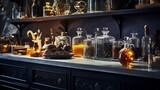 Fototapeta Kuchnia - A witch's kitchen for Halloween that features poison bottles and books.