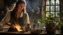 A Woman Dressed In A Medieval Costume Is Working As An Alchemist Or Witch In The Kitchen Of A French Medieval Castle That Has Been Released From Its Property