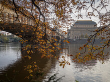 Most Legii (Legion Bridge) and the National Theatre in autumn, Prague, Czechia (Czech Republic)