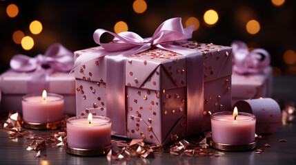 Wall Mural - Luxury gift box with romantic candles on the table, festive still life, blurry background.