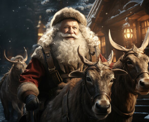  Portrait of gray-haired bearded senior man, santa claus in winter clothing, outwear and hat riding a deer on background of snowy winter night and house with lights