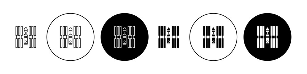 International space station thin line icon set in black and white color