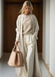 © Svetlana Kolpakova - Young woman wearing soft beige clothing with tote bag in style of New-Age Minimalism or Quiet Luxury style