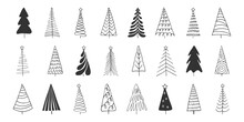Doodle Spruce Pine Fir Tree Black Line Drawn Isolated On White. Abstract Hand Drawn Simple Christmas Tree Collection. Winter Holidays Symbol. Design Element