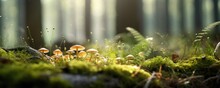 The Landscape Of Green Grass, Moss And Mushrooms In A Rainforest With The Focus On The Setting Sun. Soft Focus