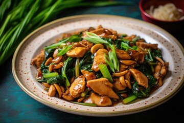 Wall Mural - Exquisite Oyster Sauce Chicken Stir-Fry: Tender Chicken, Bok Choy, and Umami-Rich Oyster Sauce Create a Flavorful Culinary Masterpiece.





