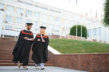 Poster - education, graduation and people concept - group of happy international students.