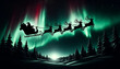 Santa Claus soaring through the dark night sky in his iconic sleigh. The silhouettes of his reindeer lead the way, with their antlers casting
