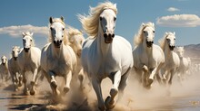 White Andalusian Horses Running In The Utah Desert, United States