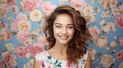 Wall Mural - A young woman in a nice blue dress poses in a fashion photo with a colorful wall of flowers. She has nice hair, a big smile, and nice hair color.