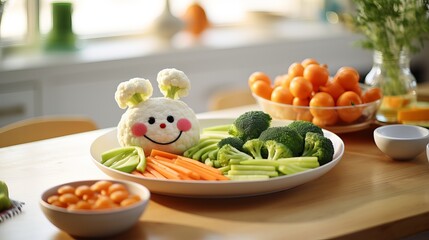 Wall Mural - Children can have healthy food with carrots and broccoli on a cute bunny plate with fresh vegetables.