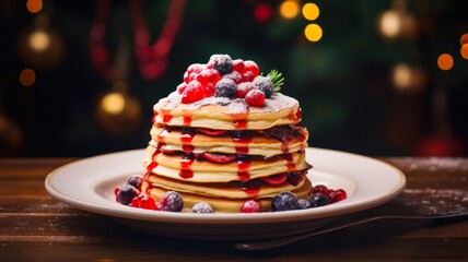 Wall Mural - Christmas Pancake Stack with Berry Jam on Rustic Table: A Delicious Winter Breakfast