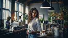A Pretty Latin Brunette Woman Standing In A Coffee Shop, Holding A Cup Of Coffee. The Shop Has A Cozy Atmosphere, With Several Potted Plants Placed Around The Room