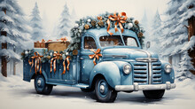 Watercolour Illustration Of Blue Christmas Truck And Christmas Tree