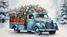 Watercolour Illustration Of Blue Christmas Truck And Christmas Tree