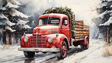 Watercolour Illustration Of Red Christmas Truck And Christmas Tree