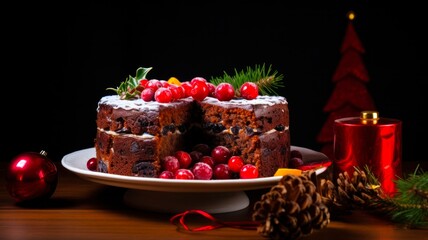 Wall Mural - Fruity Festive Delight: A Close-Up of Baked Christmas Cake with Berries, Biscuits, Candies, and Cherries