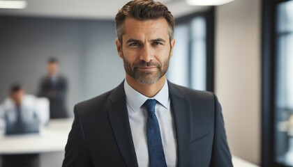 Wall Mural - Modern, Brightly Lit Office Portrait of a Well-Dressed Businessman