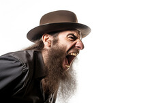 Profile View Set On A White Background Of A Angry Jewish Man Yelling At The Top Of His Lungs. Brown Bowler Hat. Amish Elder Man. Long Beard. Black Shirt. Rage, Shout, Anger, Scream. 
