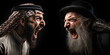 Middle East Turmoil: Jewish and Arab Men in Dispute. Arab man vs. Jewish man. Jews against Arabs. Conflict in the Middle east. War against terror. Extremists groups. Black background. Yelling