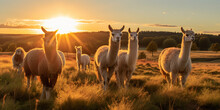 Llama Herd, Grazing In An Open Field During Sunset, Warm Tones