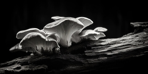 Wall Mural - Oyster mushrooms growing on a decaying log, captured in black and white, textural focus on gills and caps, deep contrast