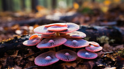 Wall Mural - Turkey Tail mushrooms, incredible texture detail of the multi - colored concentric circles, soft diffused light, set against an out - of - focus forest background