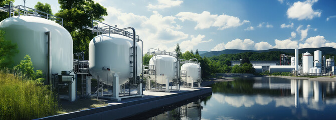 Wall Mural - hydrogen production plant, large metal storage tanks near lake or river. clean h2 production by wate