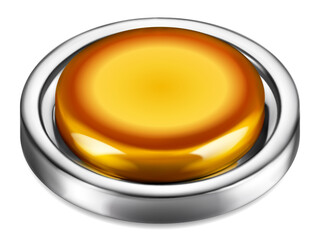 Realistic big yellow plastic button with shiny metallic border on white background