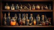 On an old shelf, there are magic items and antique bottles. The idea of creating magic spells, alchemy potions, and elixirs is present.
