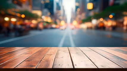 Wall Mural - empty square wooden floor and cityscape with night blurred background