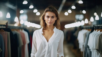 Wall Mural - There is a beautiful young woman standing near a rack that has hangers