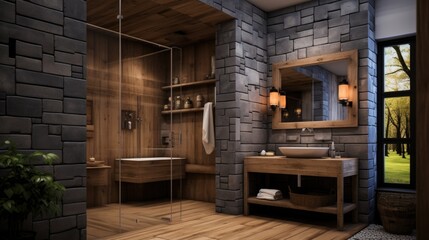 Poster - A bathroom with a stone wall and wooden floors