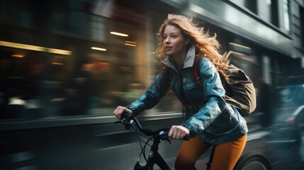 Poster - A woman riding a bike down a city street