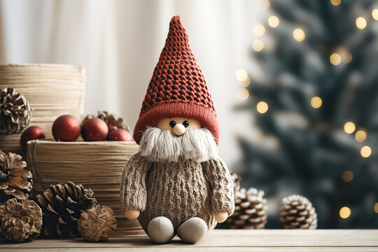 close up of handcrafted christmas gnome knitted figurine on table against fir tree in living room, s