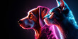 Cat and dog poster in profile in neon colors isolated on black  background