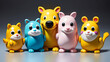 Lustige bunte fiktive Spielfiguren für Kinder freigestellt einfarbiger Hintergrund Spaß und Fantasie Spielwaren 