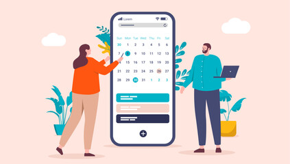 Aufkleber - Work schedule - Project manager making plan and setting date in calendar for employee. Business time management and timeline concept in flat design vector illustration