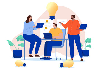 Fototapete - Businesspeople with idea - Team of people brainstorming and having workshop coming up with new ideas for business and project. Creative work concept in flat design vector illustration