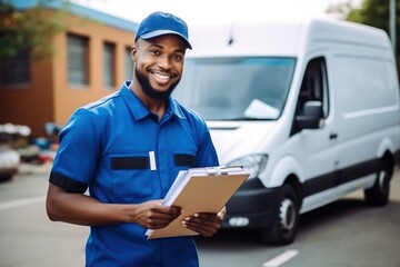 A cheerful delivery young man in a blue uniform holding a delivery list, checking a list on a clipboard.