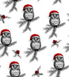 Festive pattern for gifts for Christmas and New year for decor, prints, posters with the image of an owl in a red hat.
