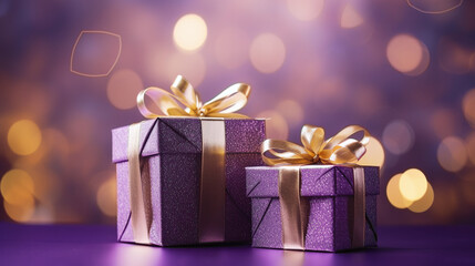 Wall Mural - purple and golden shiny gift boxes with gorgeous warm lights bokeh in the background