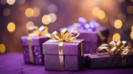 Wall Mural - purple and golden shiny gift boxes with gorgeous warm lights bokeh in the background