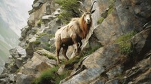 Markhor Scaling A Near-vertical Mountainside In The Himalayas