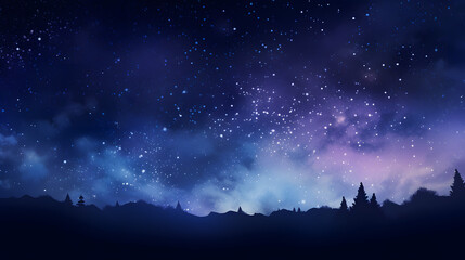 Starry Night Sky Over Silhouetted Mountains and Forest.