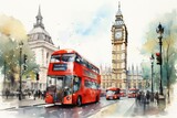 Fototapeta Londyn - iconic London view if Big Ben tower and red double decker bus watercolor illustration