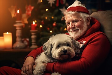 christmas portrait of senior man in red sweater with his dog at home near xmas tree