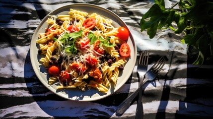 Poster - A plate of pasta with tomatoes and parmesan cheese